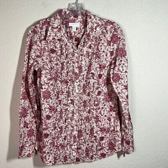 Charter Club Womens Floral Button Up Shirt Size‎ 6 Long Sleeve Pintucks Cotton - Picture 1 of 6